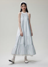 Green and purple plaid wrinkled skirt bow halter dress